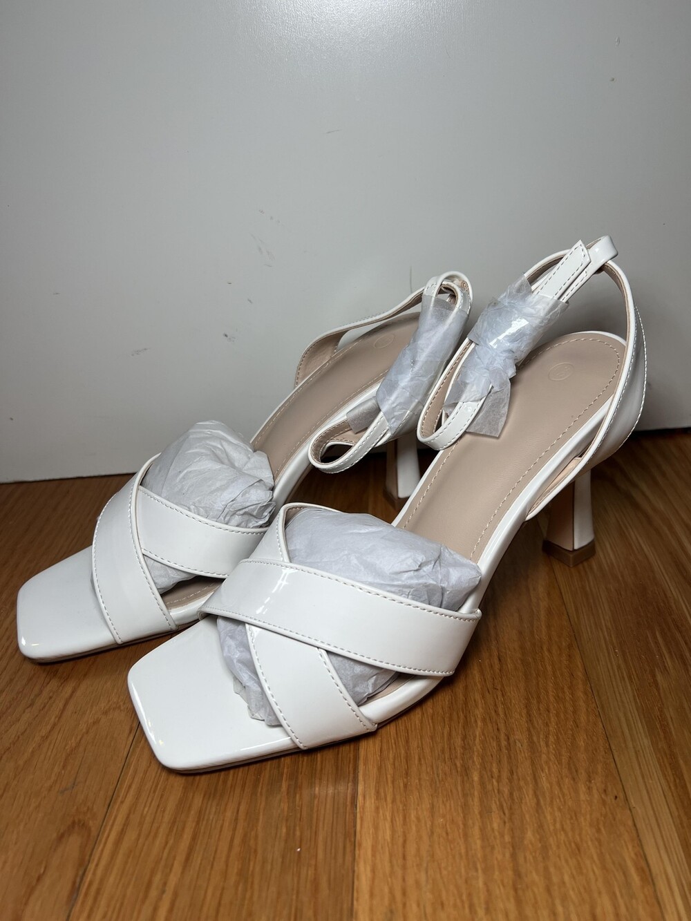Ownmeen Sandals Womens Size 6.5 White Slingback Square Toe Stiletto Dress Shoes